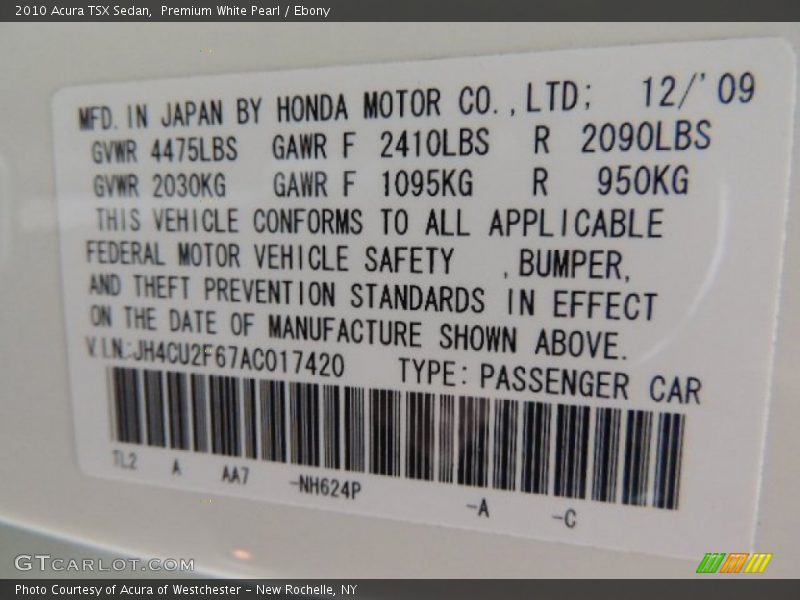 Premium White Pearl / Ebony 2010 Acura TSX Sedan