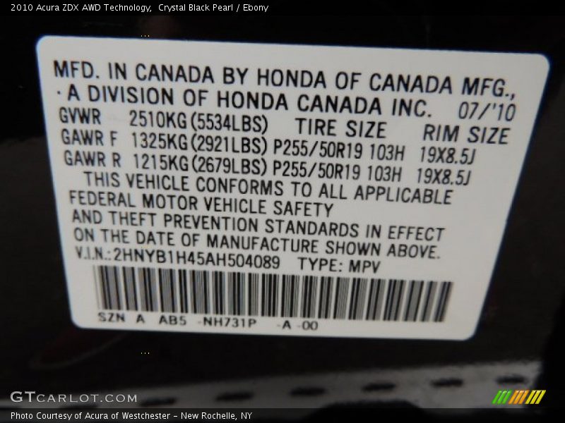 Crystal Black Pearl / Ebony 2010 Acura ZDX AWD Technology