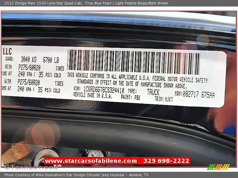 True Blue Pearl / Light Pebble Beige/Bark Brown 2012 Dodge Ram 1500 Lone Star Quad Cab