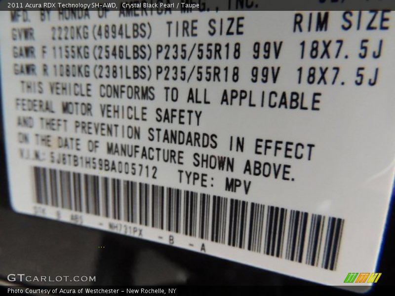 Crystal Black Pearl / Taupe 2011 Acura RDX Technology SH-AWD