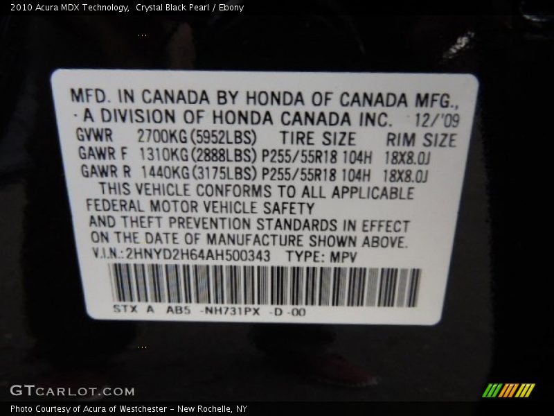 Crystal Black Pearl / Ebony 2010 Acura MDX Technology