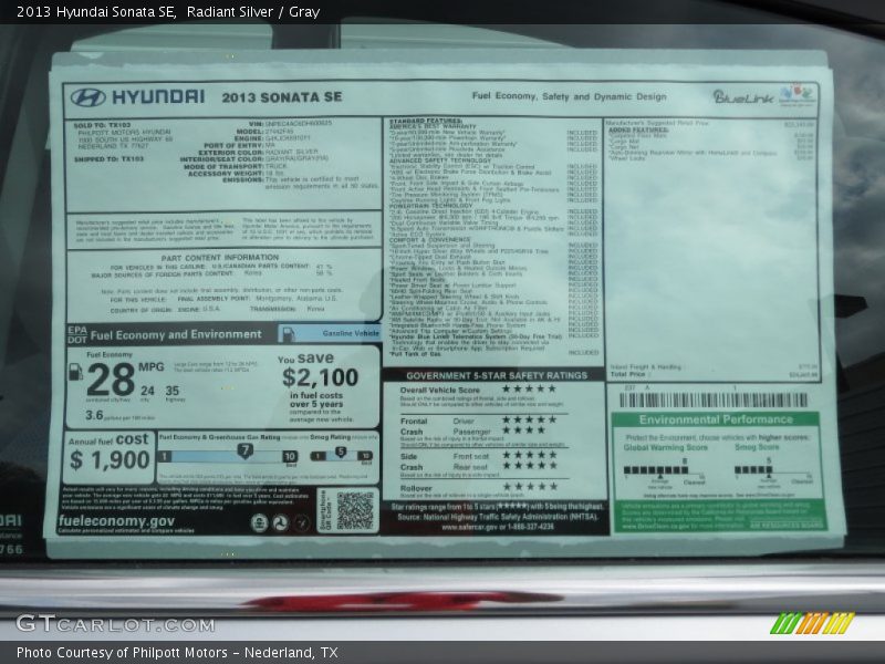 Radiant Silver / Gray 2013 Hyundai Sonata SE