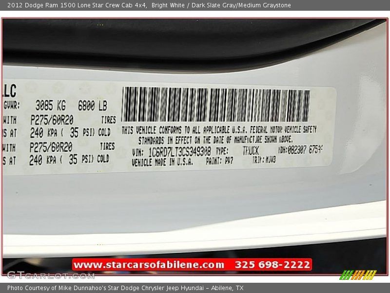 Bright White / Dark Slate Gray/Medium Graystone 2012 Dodge Ram 1500 Lone Star Crew Cab 4x4