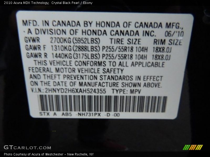 Crystal Black Pearl / Ebony 2010 Acura MDX Technology