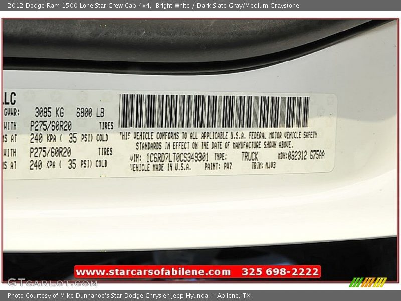 Bright White / Dark Slate Gray/Medium Graystone 2012 Dodge Ram 1500 Lone Star Crew Cab 4x4