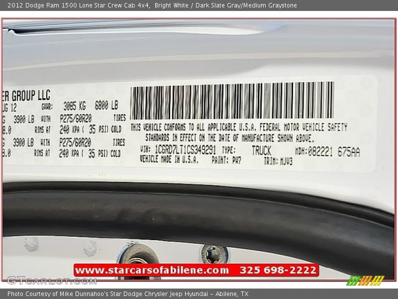 Bright White / Dark Slate Gray/Medium Graystone 2012 Dodge Ram 1500 Lone Star Crew Cab 4x4