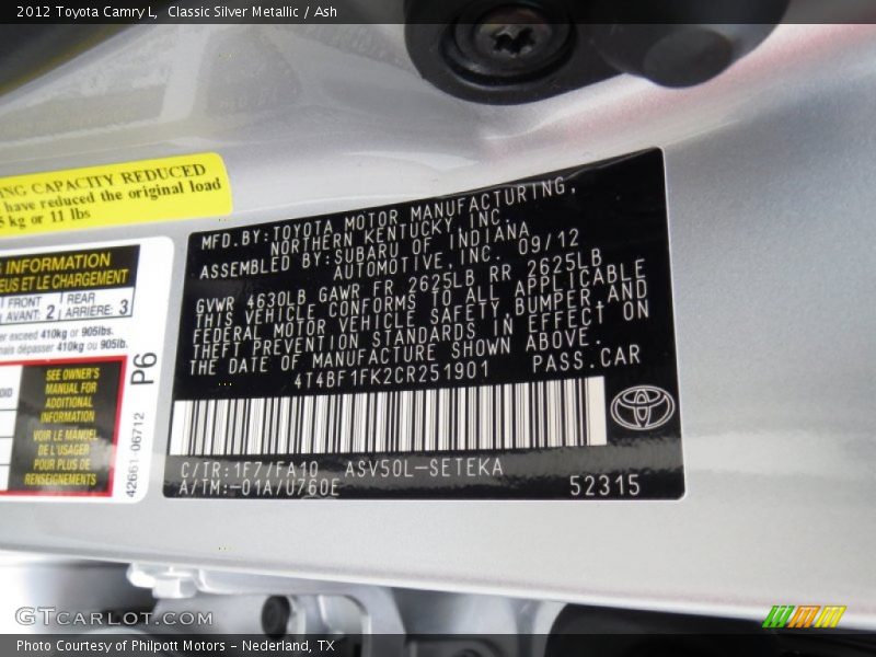 Classic Silver Metallic / Ash 2012 Toyota Camry L