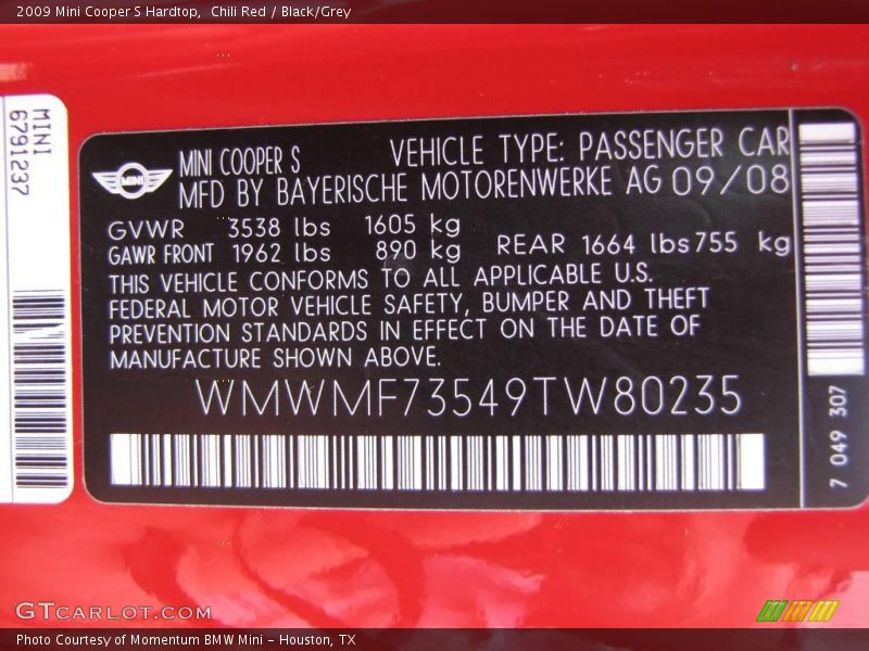 Chili Red / Black/Grey 2009 Mini Cooper S Hardtop