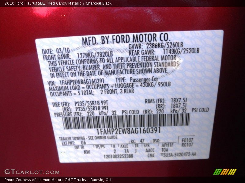 Red Candy Metallic / Charcoal Black 2010 Ford Taurus SEL