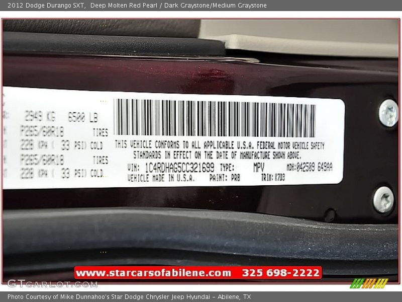 Deep Molten Red Pearl / Dark Graystone/Medium Graystone 2012 Dodge Durango SXT
