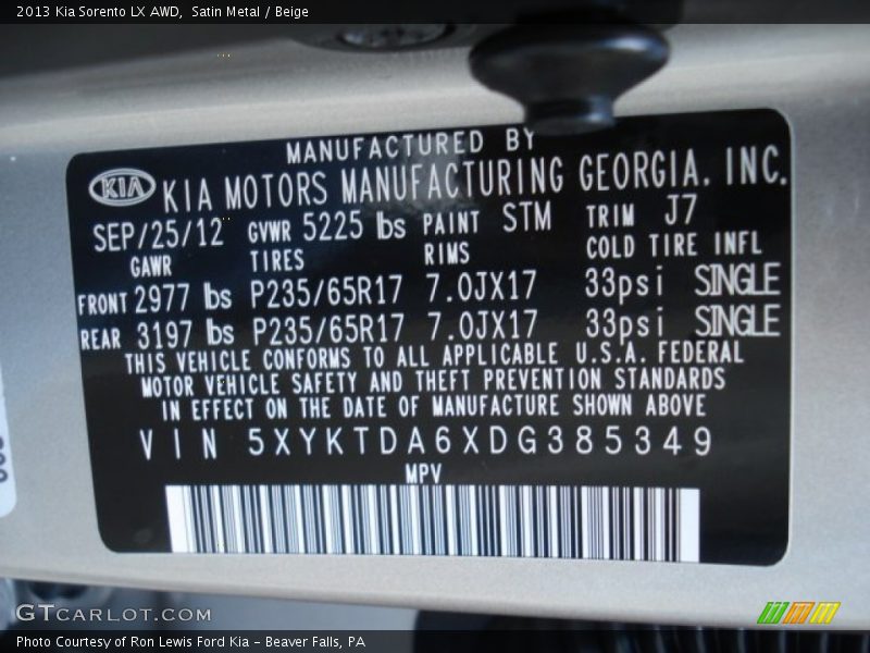 Satin Metal / Beige 2013 Kia Sorento LX AWD