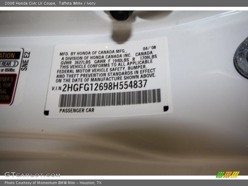 Taffeta White / Ivory 2008 Honda Civic LX Coupe