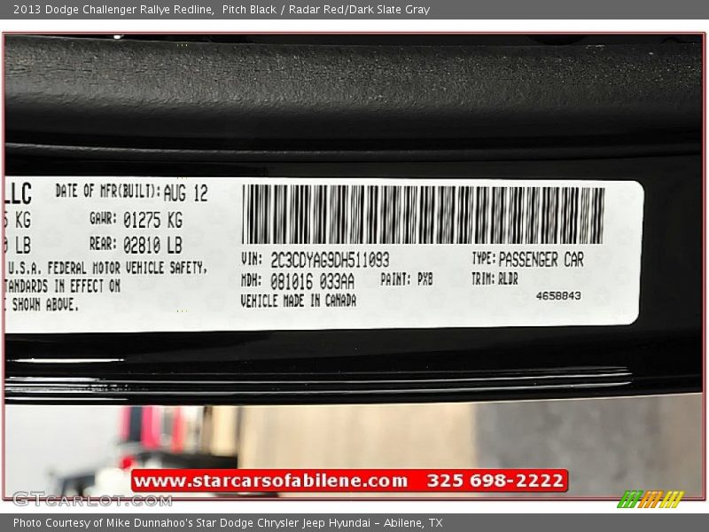 Pitch Black / Radar Red/Dark Slate Gray 2013 Dodge Challenger Rallye Redline
