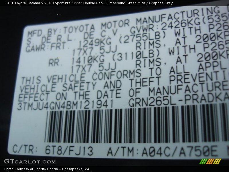 Timberland Green Mica / Graphite Gray 2011 Toyota Tacoma V6 TRD Sport PreRunner Double Cab