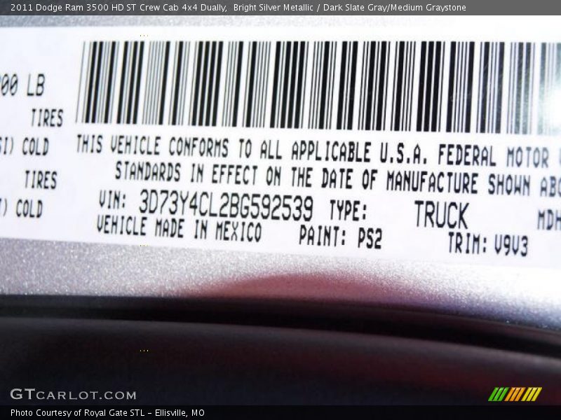 Bright Silver Metallic / Dark Slate Gray/Medium Graystone 2011 Dodge Ram 3500 HD ST Crew Cab 4x4 Dually