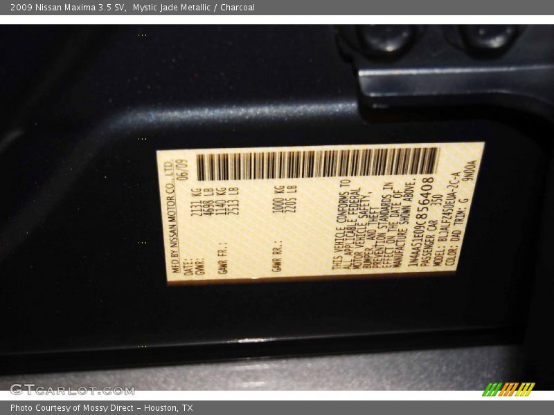 Mystic Jade Metallic / Charcoal 2009 Nissan Maxima 3.5 SV