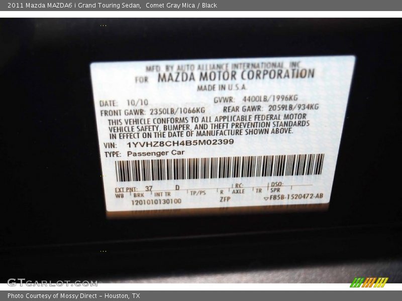 2011 MAZDA6 i Grand Touring Sedan Comet Gray Mica Color Code 37D