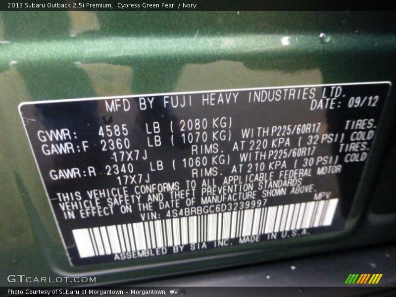 Cypress Green Pearl / Ivory 2013 Subaru Outback 2.5i Premium
