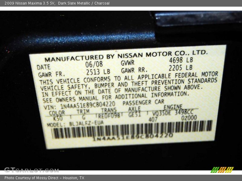 Dark Slate Metallic / Charcoal 2009 Nissan Maxima 3.5 SV