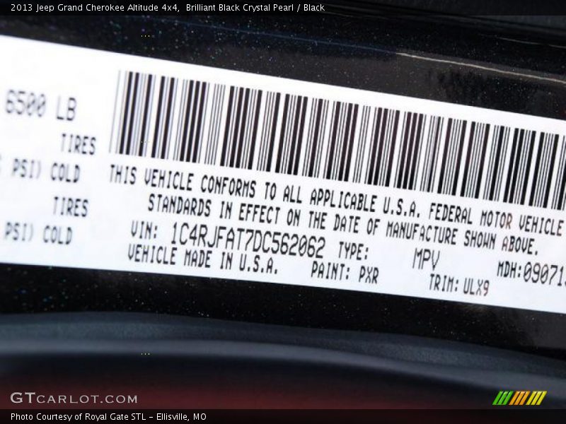 2013 Grand Cherokee Altitude 4x4 Brilliant Black Crystal Pearl Color Code PXR