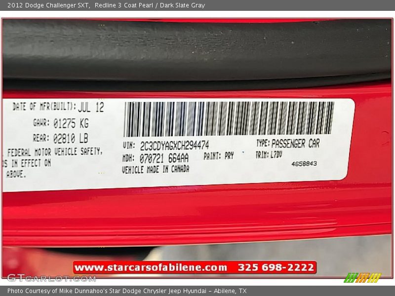 Redline 3 Coat Pearl / Dark Slate Gray 2012 Dodge Challenger SXT