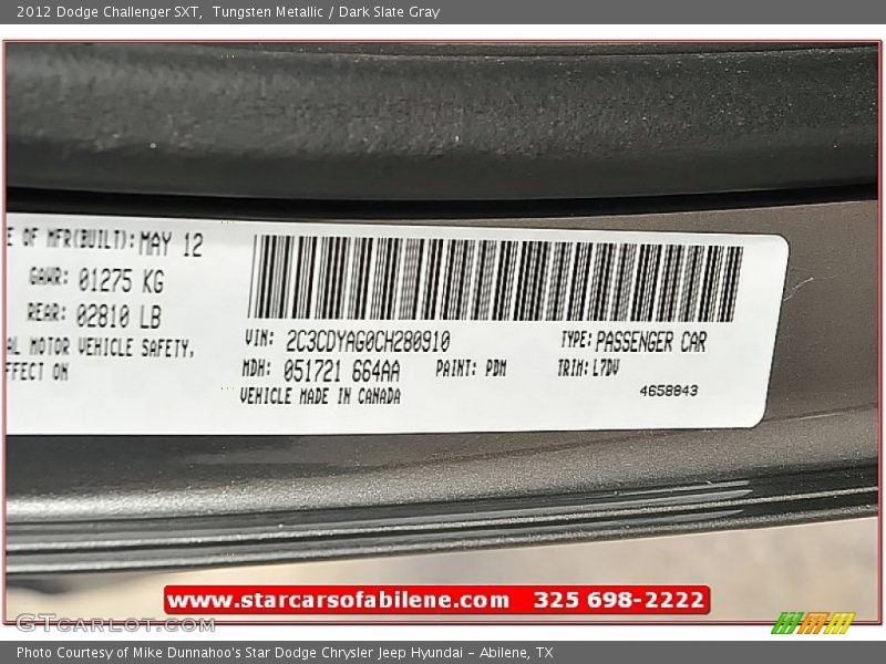 Tungsten Metallic / Dark Slate Gray 2012 Dodge Challenger SXT