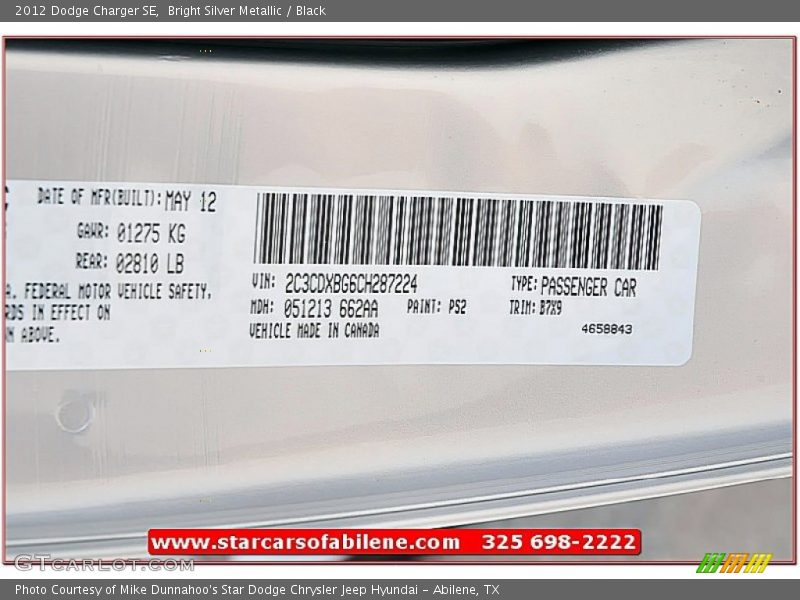 Bright Silver Metallic / Black 2012 Dodge Charger SE