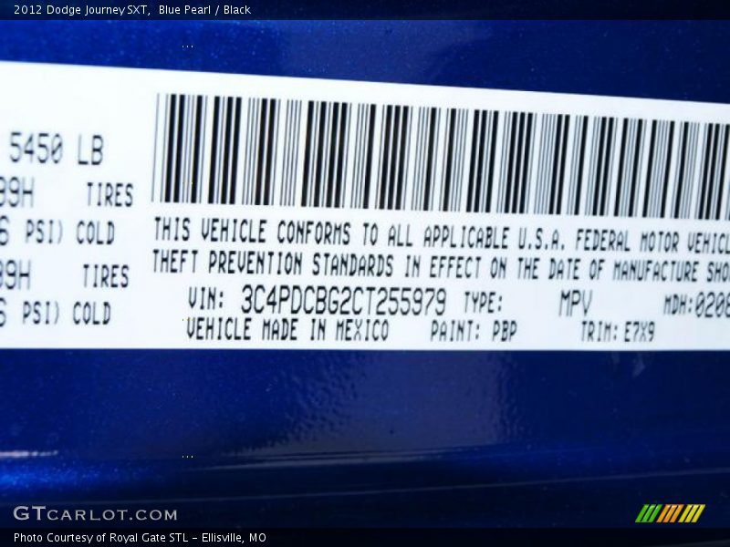 2012 Journey SXT Blue Pearl Color Code PBP