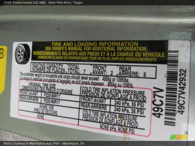 Info Tag of 2006 Sienna XLE AWD