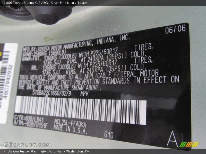 2006 Sienna XLE AWD Silver Pine Mica Color Code 6U0