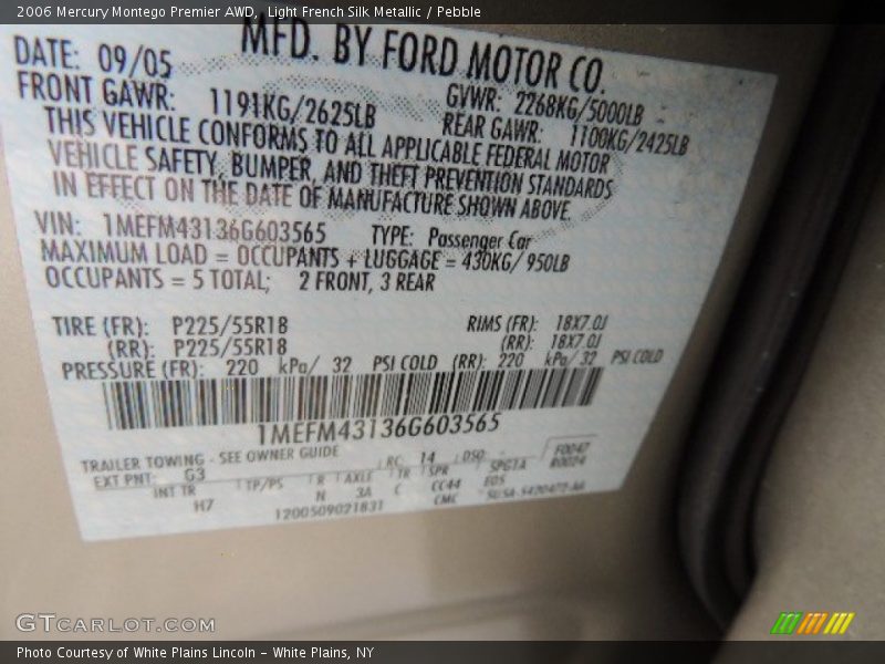 2006 Montego Premier AWD Light French Silk Metallic Color Code G3