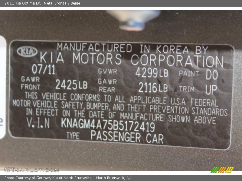 Metal Bronze / Beige 2011 Kia Optima LX