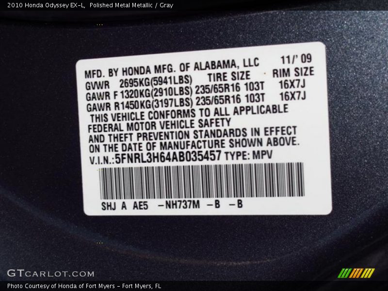 Polished Metal Metallic / Gray 2010 Honda Odyssey EX-L