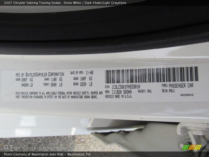 Stone White / Dark Khaki/Light Graystone 2007 Chrysler Sebring Touring Sedan
