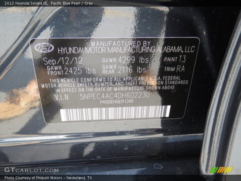 Pacific Blue Pearl / Gray 2013 Hyundai Sonata SE