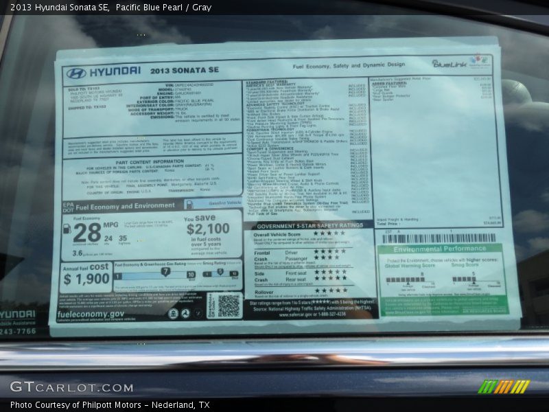 Pacific Blue Pearl / Gray 2013 Hyundai Sonata SE