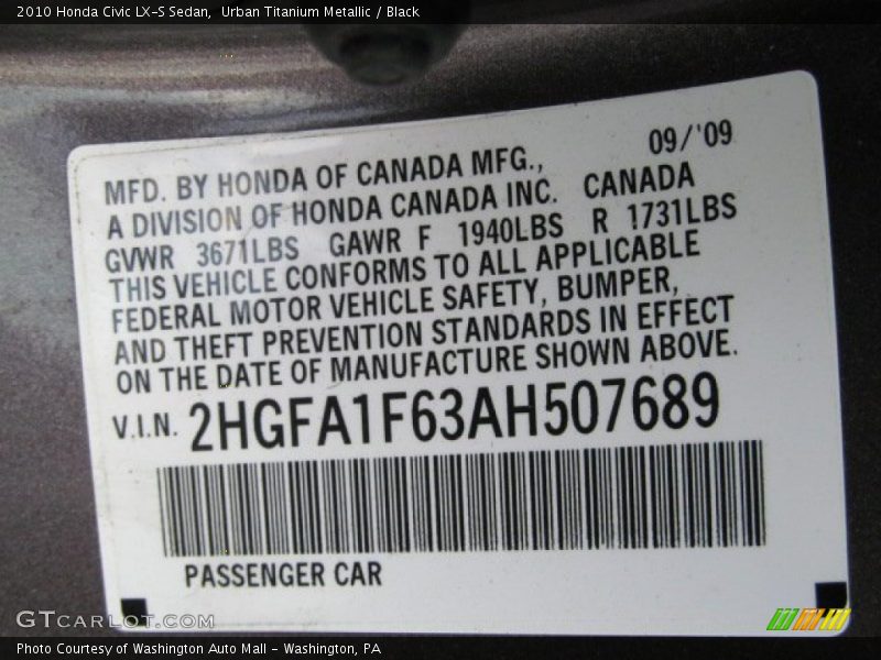 Urban Titanium Metallic / Black 2010 Honda Civic LX-S Sedan