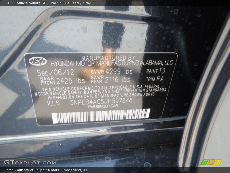 Pacific Blue Pearl / Gray 2013 Hyundai Sonata GLS