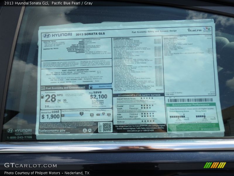 Pacific Blue Pearl / Gray 2013 Hyundai Sonata GLS