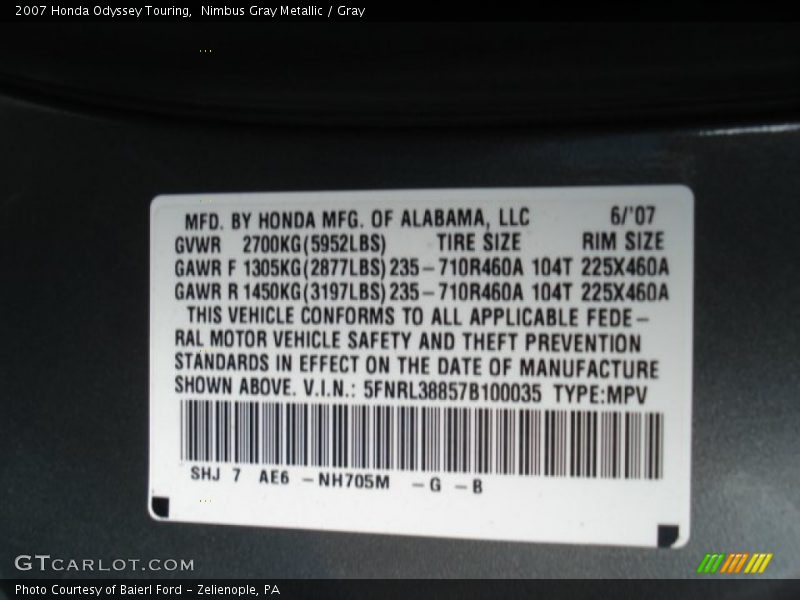 Nimbus Gray Metallic / Gray 2007 Honda Odyssey Touring