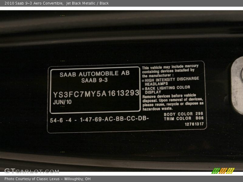 2010 9-3 Aero Convertible Jet Black Metallic Color Code 298