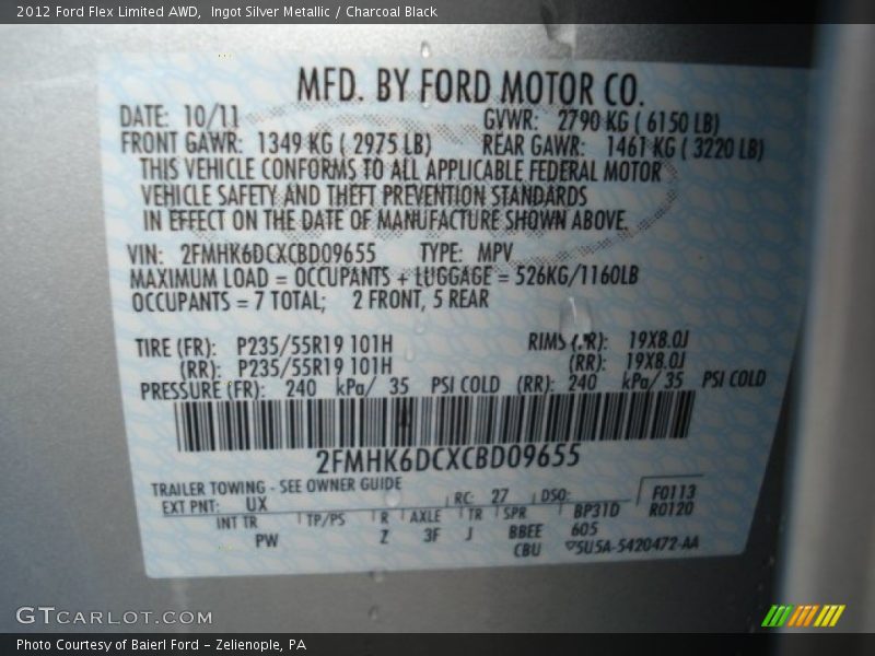 2012 Flex Limited AWD Ingot Silver Metallic Color Code UX