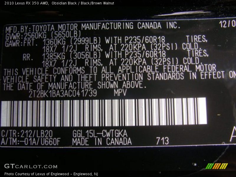Obsidian Black / Black/Brown Walnut 2010 Lexus RX 350 AWD