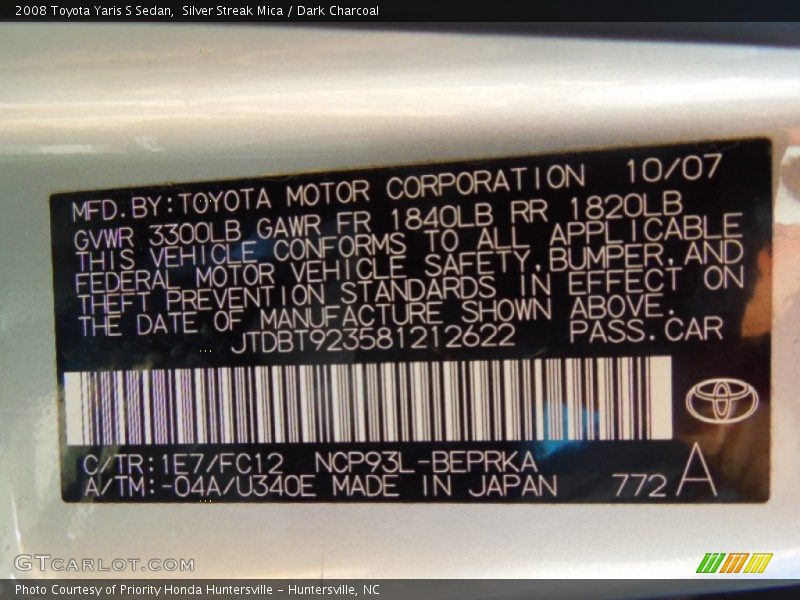 2008 Yaris S Sedan Silver Streak Mica Color Code 1E7