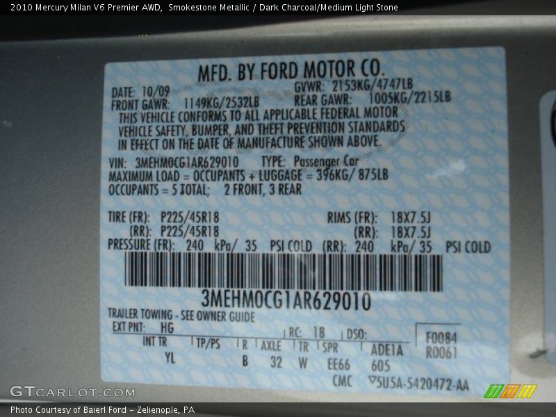 2010 Milan V6 Premier AWD Smokestone Metallic Color Code HG