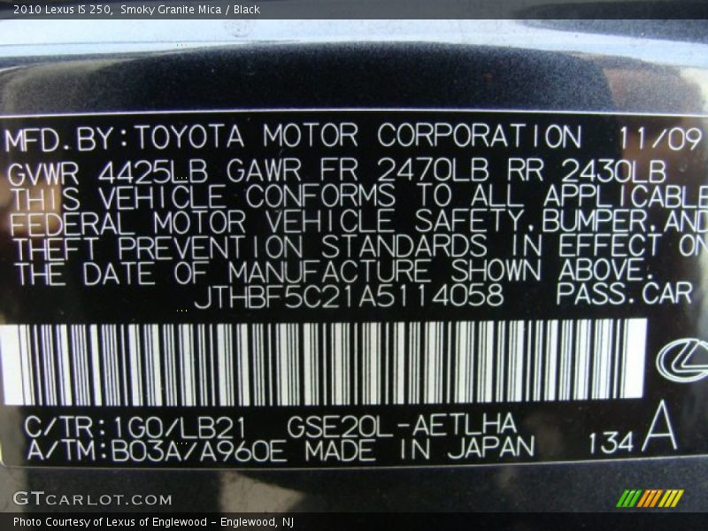 Smoky Granite Mica / Black 2010 Lexus IS 250