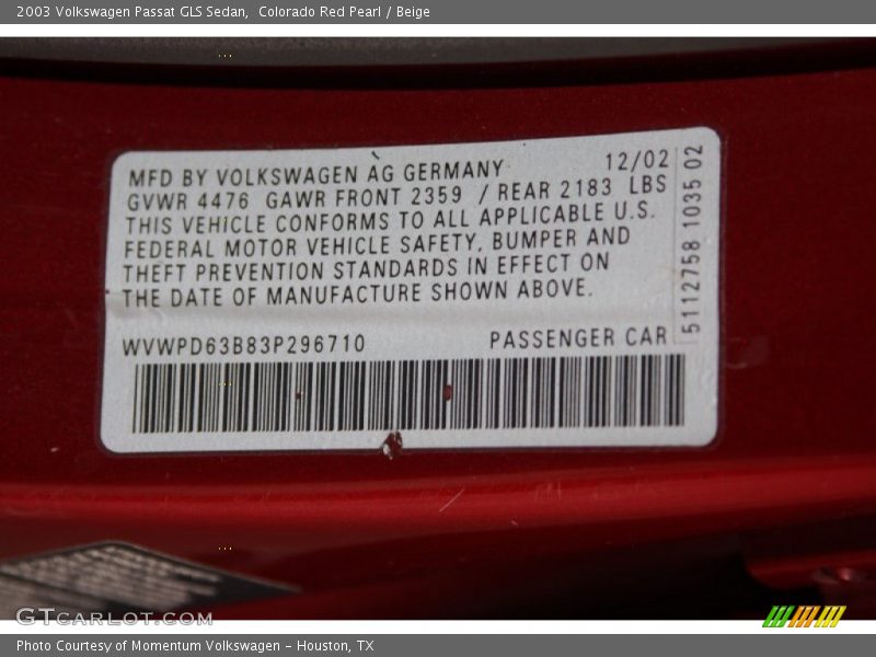 Colorado Red Pearl / Beige 2003 Volkswagen Passat GLS Sedan