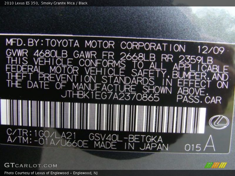 Smoky Granite Mica / Black 2010 Lexus ES 350