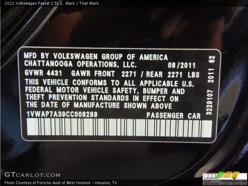 Black / Titan Black 2012 Volkswagen Passat 2.5L S