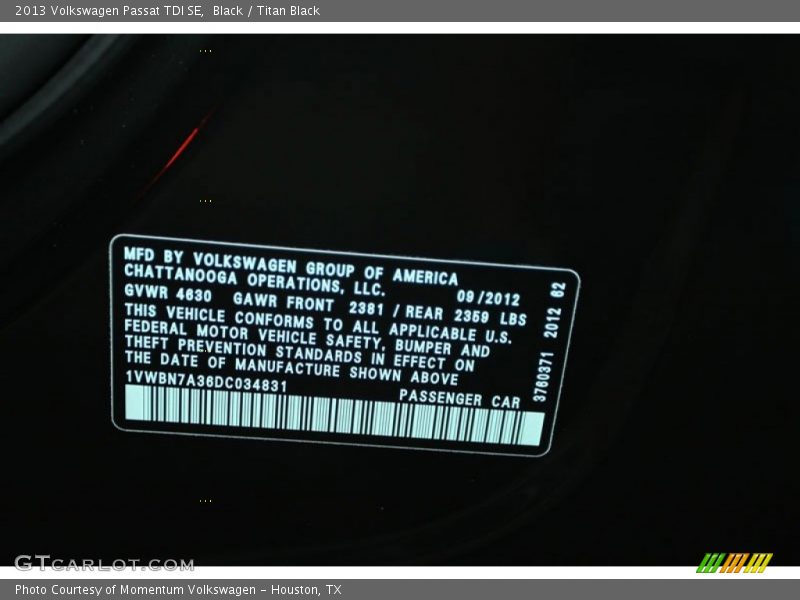 Black / Titan Black 2013 Volkswagen Passat TDI SE